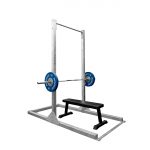 rig with a loaded barbell and bench on a freestanding rig