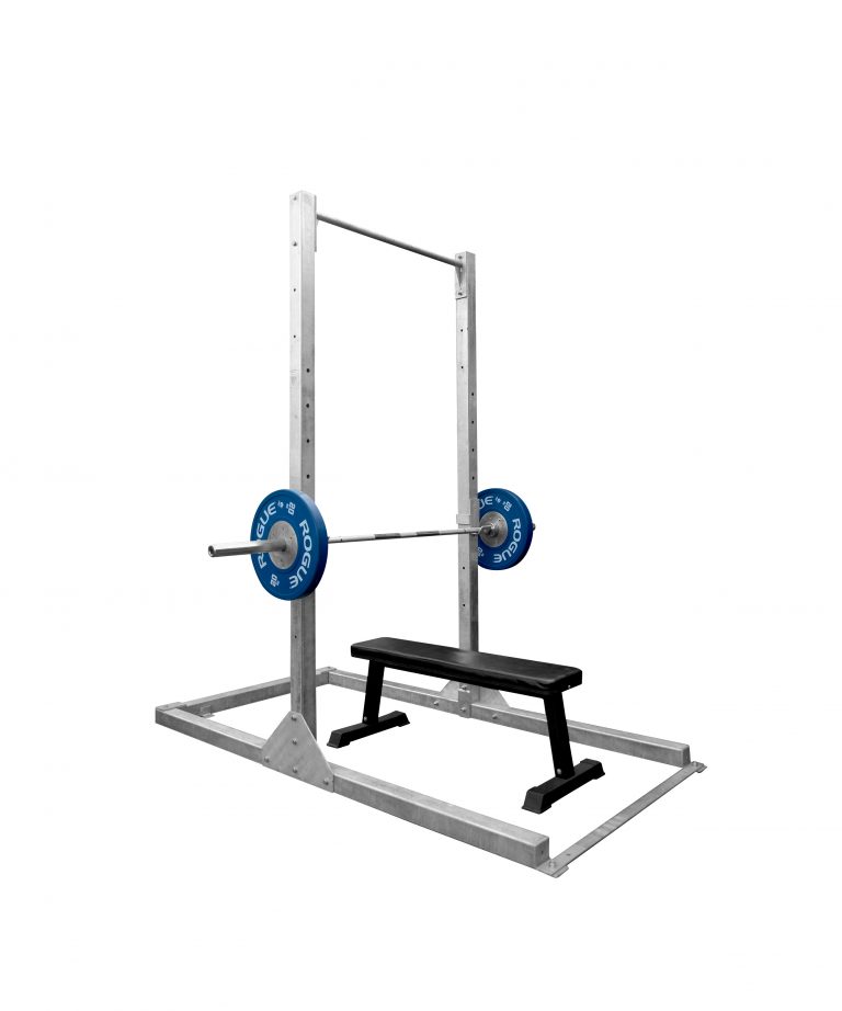 rig with a loaded barbell and bench on a freestanding rig