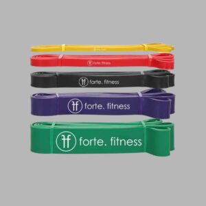set of 5 resistance bands, green, purple, black, red and yellow