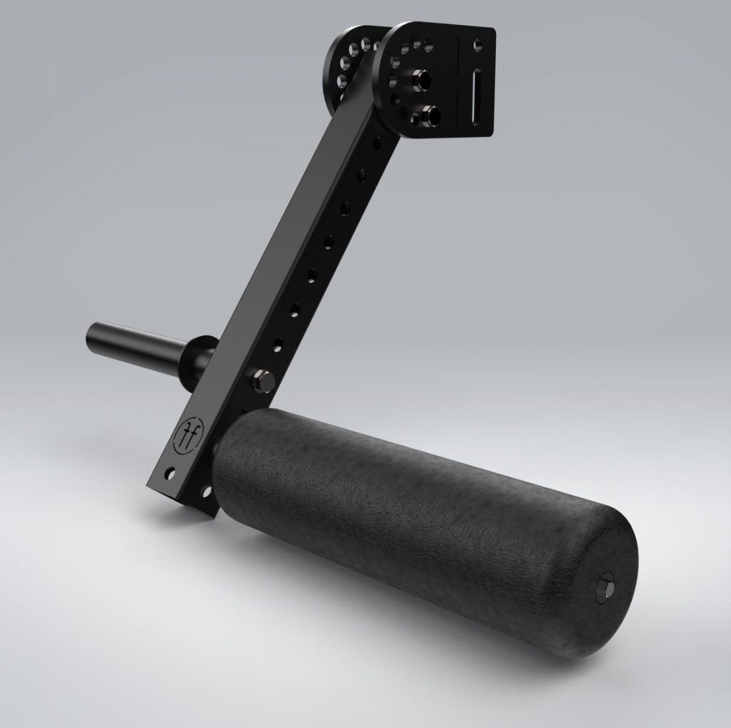 A Forte Fitness leg extension attachment in black, with the padded roller displayed at the front of the image.