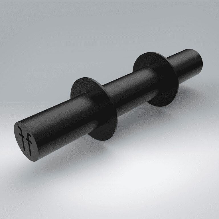A Forte Fitness short Axle Dumbbell in black stainless steel. The Forte Fitness logo is placed in the centre of the product facing the front.