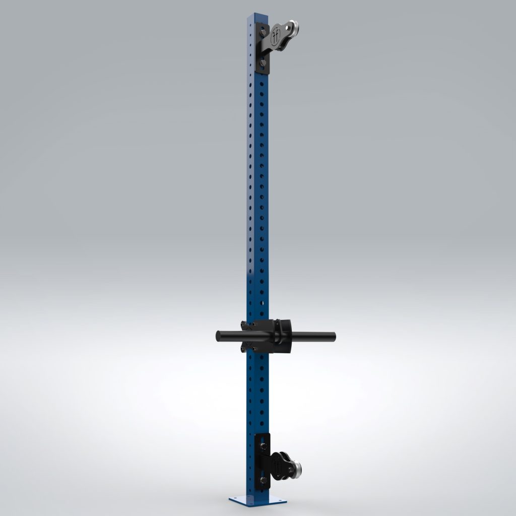 A Forte Fitness Lat pulldown bar in blue steel with black attachments.