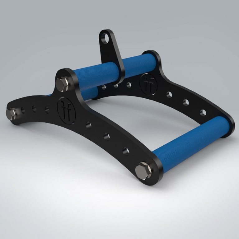 A cable row attachment by Forte Fitness. The tool consists of 2 black curved bars, attached by 3 blue gripped handles, and bolts to keep everything in place.