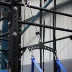 A black steel multibar machine with the Forte Fitness logo placed at the top. Blue grip handles with someone pulling in a downward motion.